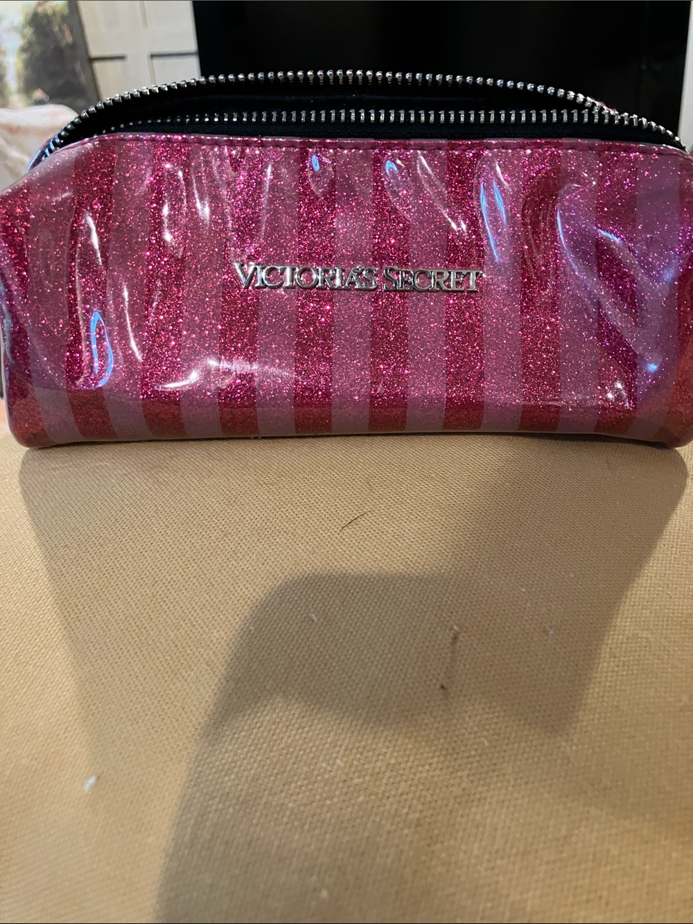 Victoria's Secret Pink Glitter Stripe Cosmetic Case